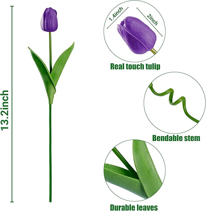 Sggvecsy 30 Pcs Fake Tulips Artificial Flowers Real Touch PU Faux Flowers Tulip Stems for Wedding Spring Bouquet Floral Arrangement Home Party Office Decorations for Mother's Day (Purple)