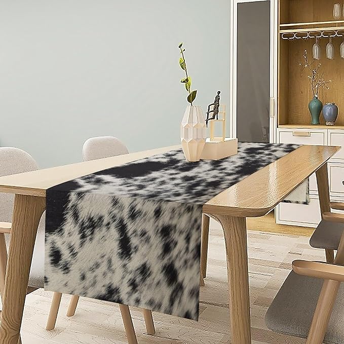 Cow Skin Print Table Runner, Rustic Country Farmhouse Animal Fur Skin Western Farm Black Cowhide Print Dinner Runner Table Decoration for Home Kitchen Dining 13x120in