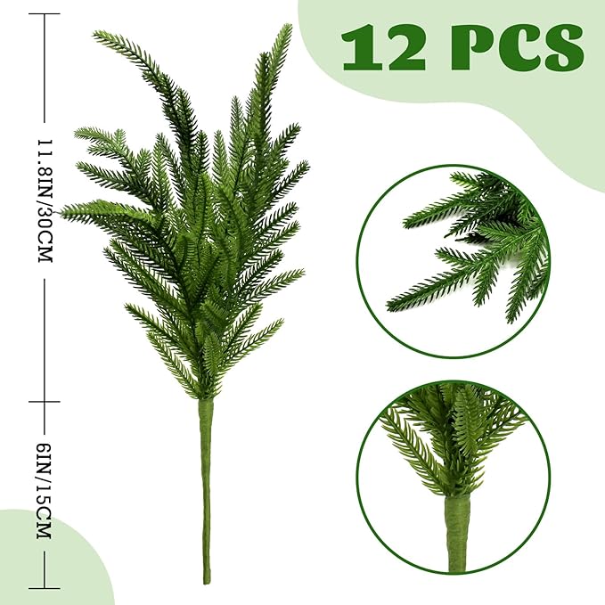 12 Pcs Norfolk Pine Stems Real Touch Norfolk Pine Branches Realistic Christmas Greenery Evergreen Stems for Decorating Christmas Indoor Home Decor