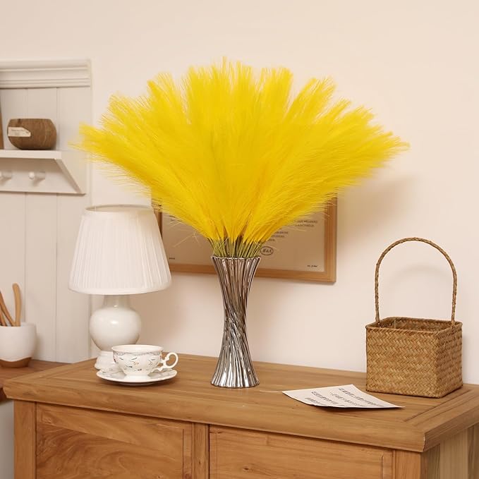 Faux Yellow Pampas Grass - 30pcs 24 Inch Short Artificial Pampas Grass Decor, Fake Pompas Floral for Vase Filler, Wedding Flower Arrangement, Party and Home Decor (Yellow, 30 Pieces)