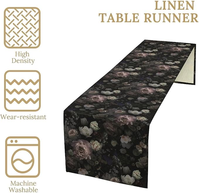 Gothic Floral Table Runner, Vintage Garden Flower Black Witchy Farmhouse Coffee Table Center Decor for Home Kitchen Dining Patio Holiday Party Table Decorations 13x72 inches