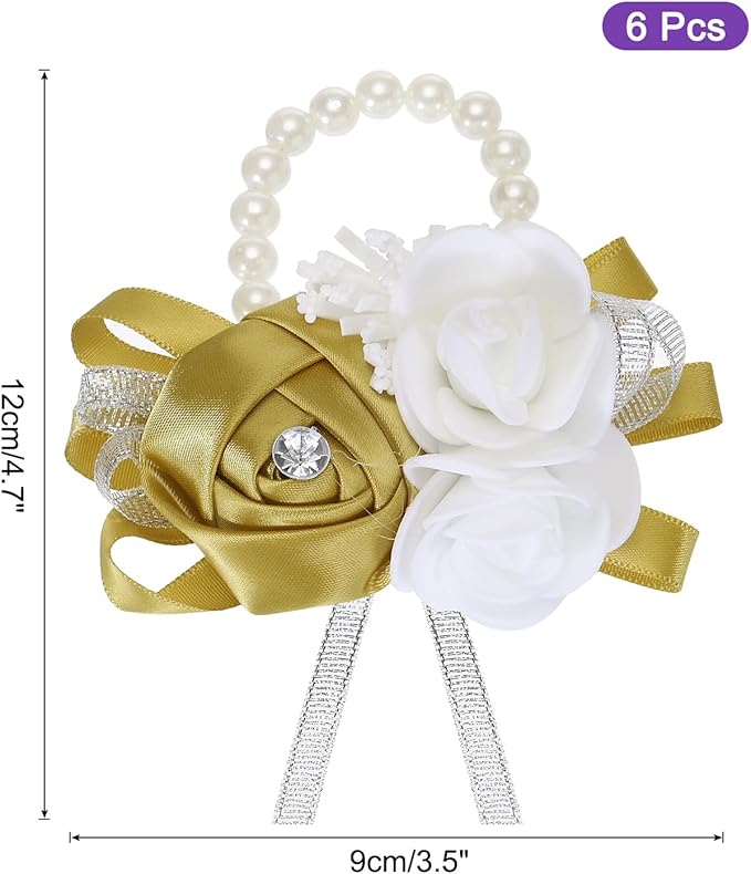 MECCANIXITY 6Pcs Wrist Corsage Artificial Flower Bracelets Rose Wrist Bride Groom Decorative for Wedding Ceremony Prom Party Anniversary Dark Yellow