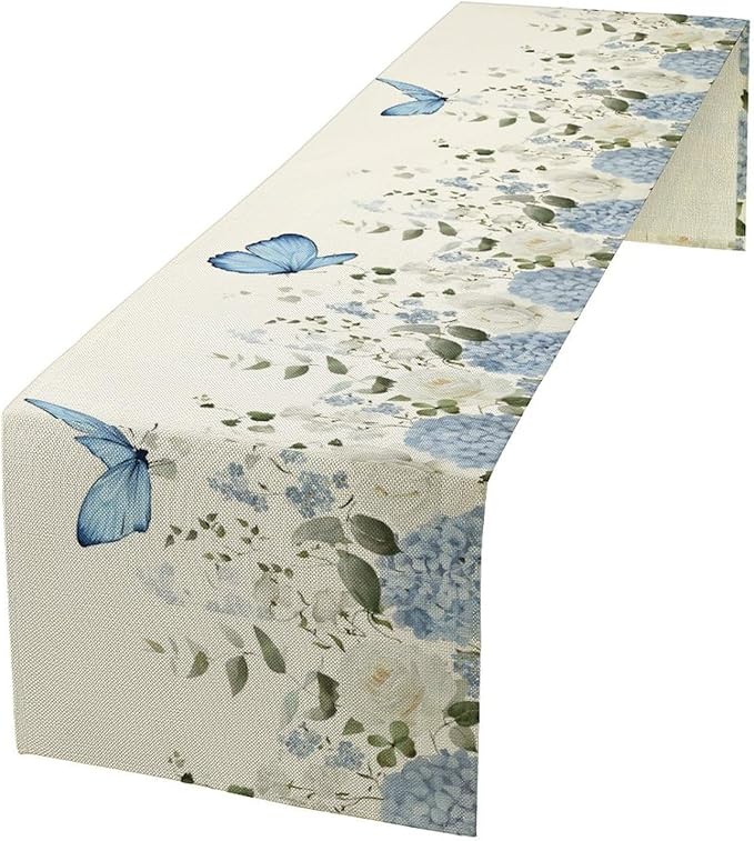 Floral Table Runner, Blue White Flower Butterfly Garden Spring Nature Decoration Table Runner for Kitchen Dining Home Party, 13x60 Inch