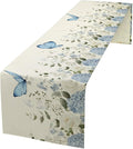 Floral Table Runner, Blue White Flower Butterfly Garden Spring Nature Decoration Table Runner for Kitchen Dining Home Party, 13x90 Inch