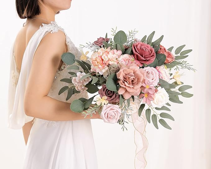 Dusty Rose Artificial Flowers Set - Fake Roses, Peonies, Silk Flowers with Stems for DIY Wedding Bouquets,Floral Arrangement,Table Centerpieces,Baby Shower, Home Decor