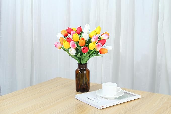 SITUMEIZI Fake Flowers Tulips Artificial Silk Flower 15pcs Real Touch 14" for Spring Easter Home Kitchen Wedding Bouquet Bulk Mother's Gift Day Decorations(Multicolor,5-4)