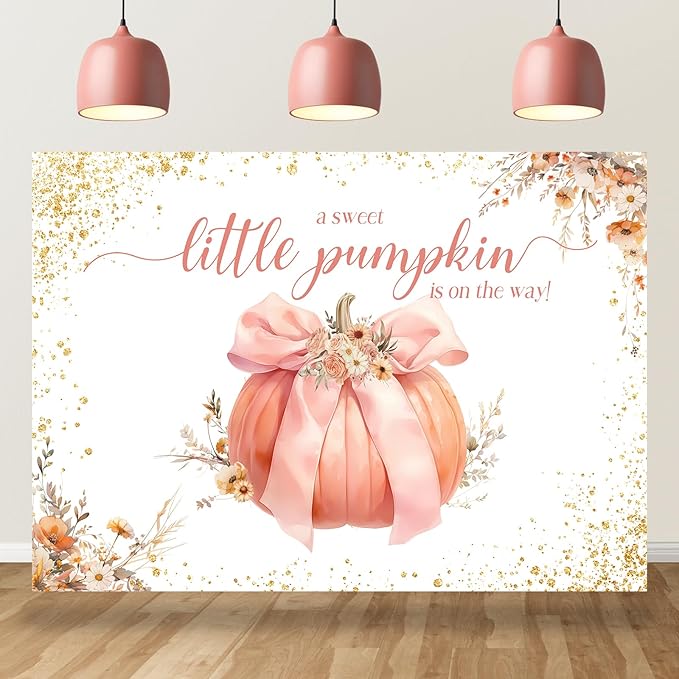 Sweet Little Pumpkin Baby Shower Backdrop for Girls Floral Pink Bowknot Golden Glitter Fall Photography Background Newborn Baby Shower Party Decoration Supplies Banner Photo Booth Props 7x5ft