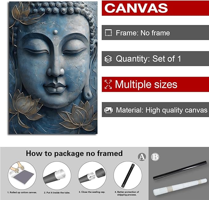 Canvas wall art Golden lotus crown Serene Buddha poster Ethereal blue toned art with delicate floral decor Zen wall art for a tranquil meditation space 16x24in Frameless