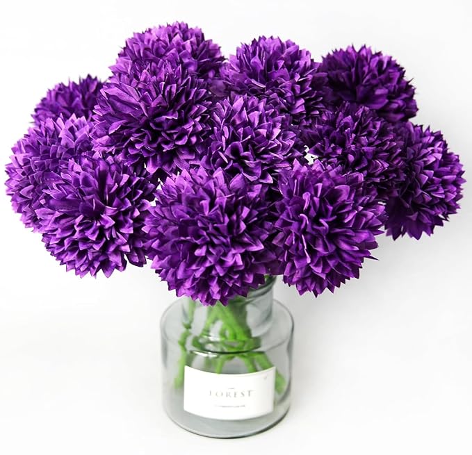 Tinsow 12 Pcs Artificial Flowers Purple Faux Ball Chrysanthemum Bouquet Flowers Wedding Bouquet for Home Garden Party Wedding Decoration