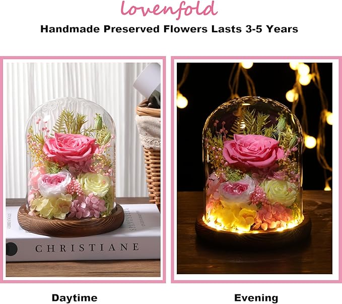 Flowers for Delivery Prime Preserved Flowers Pink Roses with LED Light in a Glass Dome,Long Lasting Real Roses Birthday Gifts for Women Daughter Mom Wife Friend（Pink Rose）