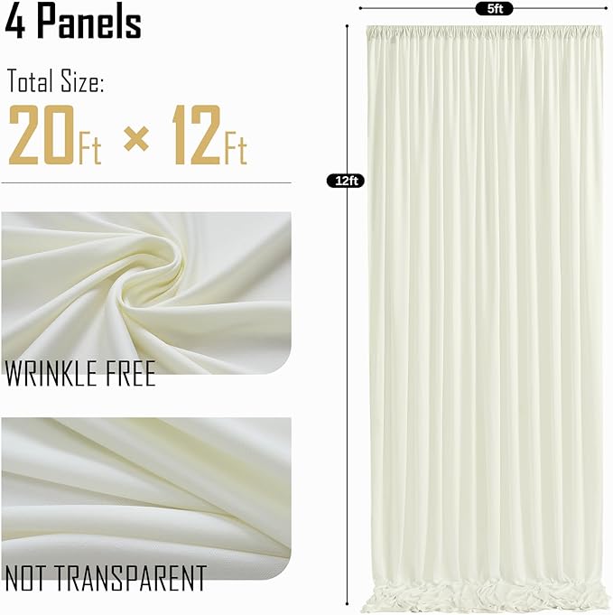 gogoparti 20ft x 12ft Ivory Wrinkle-Free Backdrop Curtain for Wedding Parties, Thick Polyester 4 Panels 5x12ft for Wedding Birthday Baby Shower Halloween Photography Party Background
