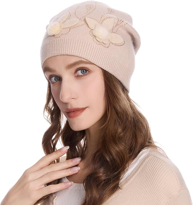 ZLYC Women Floral Slouchy Beanie Hat Double Layer Winter Knit Skull Cap