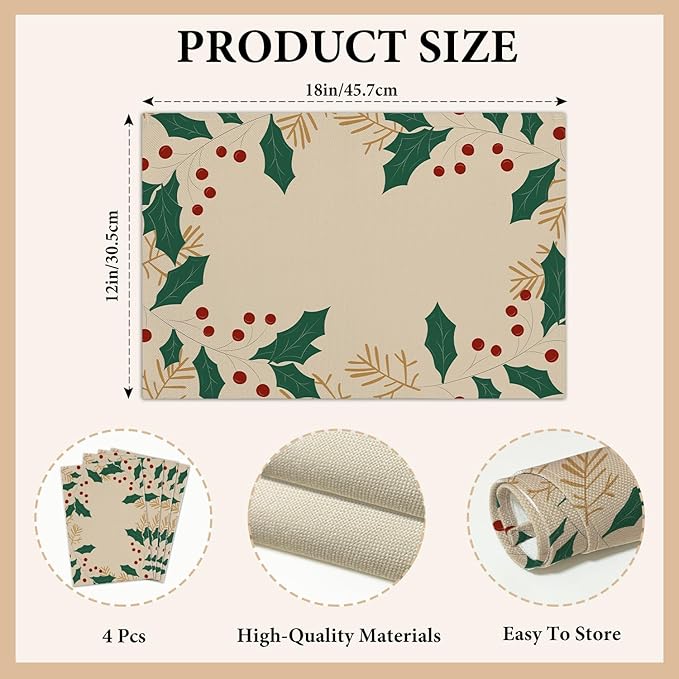 Beige Christmas Placemats Set of 4, Berries Dining Mat Cotton Linen Waterproof Table Mats Decor Fabric for Christmas Holiday Kitchen Dinner Table, Washable Wipeable Placemat -N039