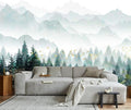 Hazy Forest Wallpaper with Gold flecks, Misty Mountain Peaks Mural, Nature Landscape Wall Mural（Non-self-Adhesive）