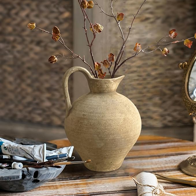 Ceramic Rustic Farmhouse Vase with Handle, 8.7 Inch Beige Vintage Vase, Rustic Ceramic Pottery for Home Decor, Farmhouse Decor Centerpiece for Kitchen, Living Room, Entryway