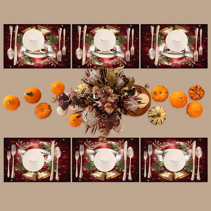Christmas Xmas Bells Deer Placemats Set of 4 PVC Vinyl Non Slip Table Mats Heat Resistant Place Mats Washable Wipeable Dining Table Mat for Kitchen Decor Party Indoor Outdoor Decorative Gift