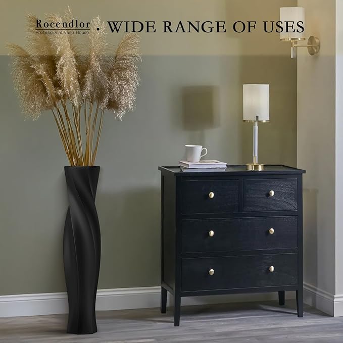 Tall Vases - 23.6" Tall Floor Vase for Home Decor, Resin Floor Vases, Black Hexagon Twist Floor Vase, Fits Into Hay/Pampas Grass, Living Room, Office, Wedding Decor (Black)