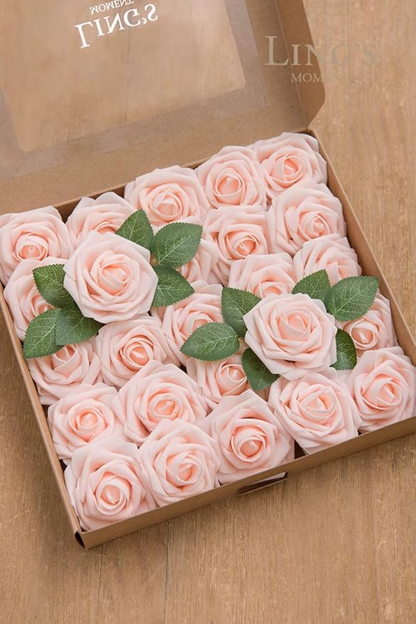 Ling's moment Artificial Flowers 25Pcs Pink Cream Roses Decor w/Stems,3" Real Touch DIY Foam Floral for Wedding Bouquet/Centerpieces, Outdoors Party Backdrop, Room/Table, and Garden/Pot Decorations