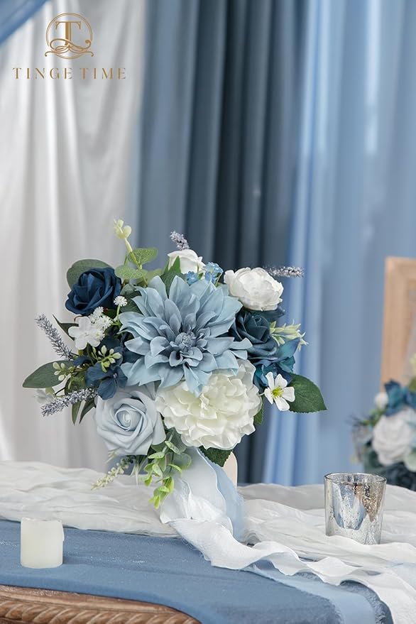 TINGE TIME 7inch Wedding Bouquets for Bridesmaid, Artificial Flowers Cascading Bridal Bouquet for Wedding (DarkBlue, Set of 4)