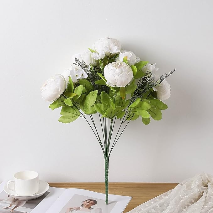 Duovlo Artificial Peony Silk Flowers Fake Flowers Vintage Wedding Home Decoration,Pack of 1 (Spring Milk White)