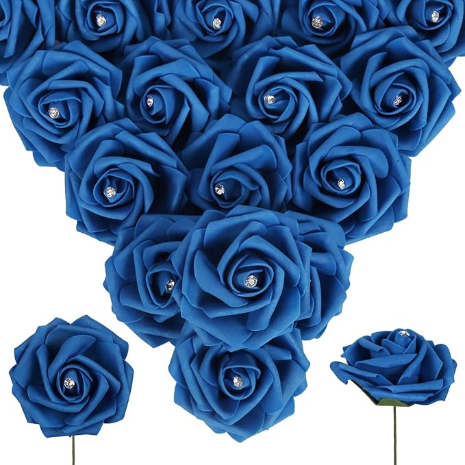 Royal Blue Roses with Crystal 50PCS Blue Foam Roses for Craft 2.95" Fake Blue Roses Artificial Flowers for Bridal/Baby Shower Decorations Wedding Centerpieces for Table (Royal Blue)