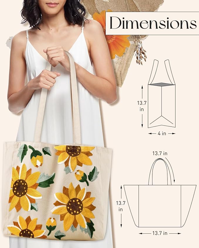 Aesthetic Embroidery Tote Bag for Women - Reusable Canvas Cute Shoulder Bag for Shopping, Grocery, Work, Book