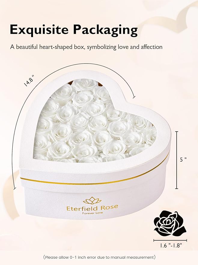 Eterfield Forever Flowers in Heart Shape Box, Preserved Roses That Last a Year Preserved Flowers Birthday Gifts for Her Mom Women Wife Anniversary Valentine's Day Mother's Day (27 Roses, White)