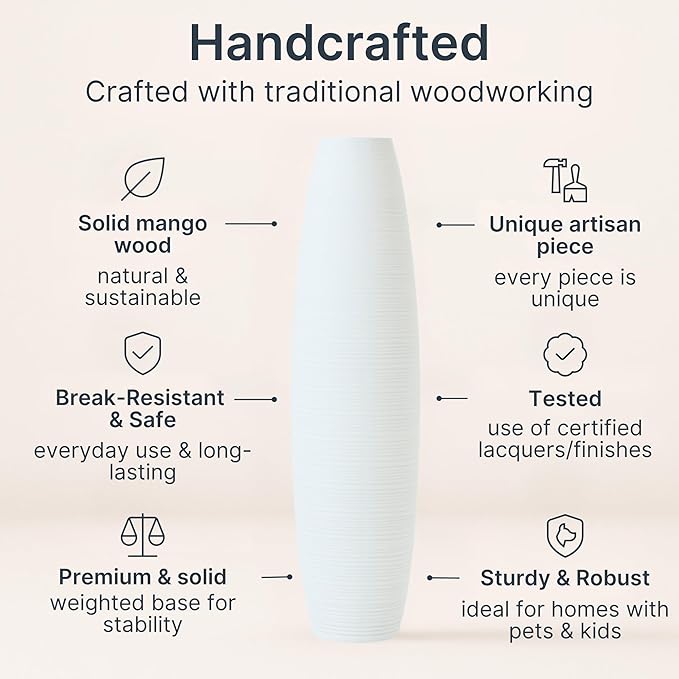 Leewadee Large 41″ Tall Floor Vase, White - Handcrafted Mango Wood for Pampas & Dried Stems