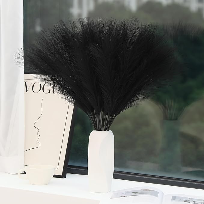 60pcs Black Pampas Grass - 24 Inch Faux Pampas Grass Decor, Short Artificial Pampas Grass for Gothic Room Decoration, Wedding, Party, Halloween and Home Decor (Black)