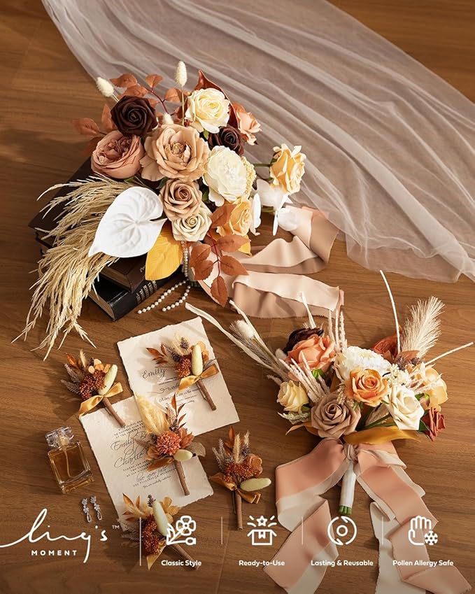 Ling's moment Boutonniere for Men, 6pcs Groom Groomsmen Boutonniere, Artificial Flowers for Wedding Decor/Prom/Homecoming, etc.Rust Boho Terracotta