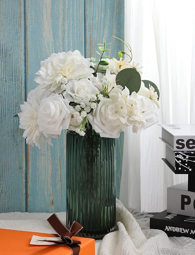 Multi Use Artificial Flowers Combo for DIY Centerpieces Arrangements Wedding Bridal Bouquet Table Chair Decor Candle Holder Baby Shower Cake Decor Flower Strips Home Décor (White Series)