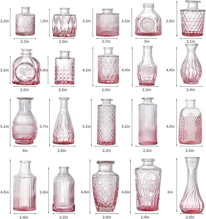 Glass Bud Vase Set of 60 - Small Vases for Flowers in Bulk - Assorted Vintage Crystal Vases for Flowers, Table Centerpieces (Pink, 60 Pcs)