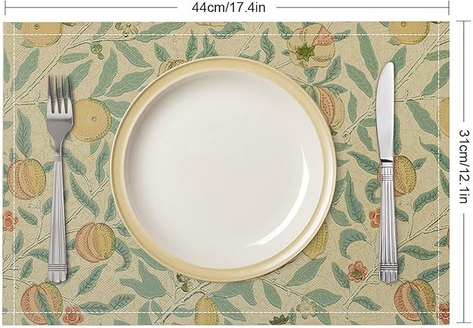 Vintage Floral Placemats Set of 4, William Morris Retro Fruit Boho Botanical Plant Place Mats, Heat Resistant Non Slip Cotton Linen Dining Table Mats for Home Kitchen Party 18x12 Inch