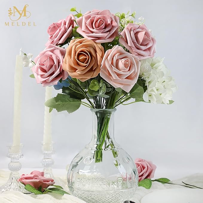 Meldel Artificial Flower 25pcs Real Touch Blush Pink Rose Fake Foam Roses with Stems for DIY Wedding Bouquets Gifts Bridal Shower Faux Floral Centerpieces Arrangements Home Party Tables Decorations