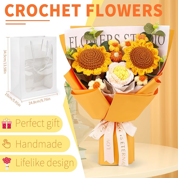Crochet Flower Bouquet Crochet Flowers, Crochet Flower Bouquet Sunflower, Handmade Crochet Bouquet for Graduation, Birthday Gifts for Women