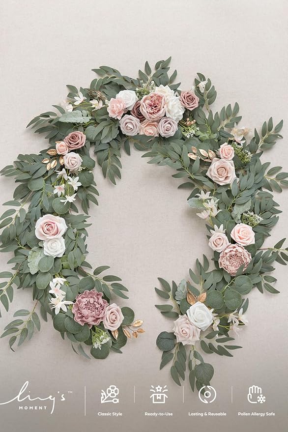 Ling's moment Flower Garland - 6FT Eucalyptus & Rose - Pink Sweetheart Table Decor for Wedding Reception, Artificial Floral Garland for Mantle, Thanksgiving, Christmas Decoration, Dusty Rose
