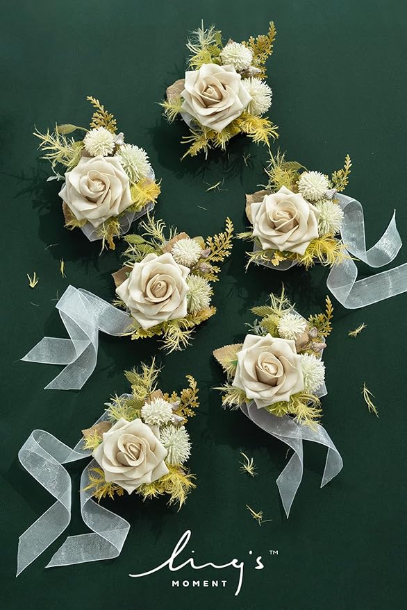 Ling's moment 6pcs Wedding Wrist Corsage Artificial Flowers, Girl/Mother Homecoming Prom Corsages Wristlet Décor, etc. Emerald Green Beige