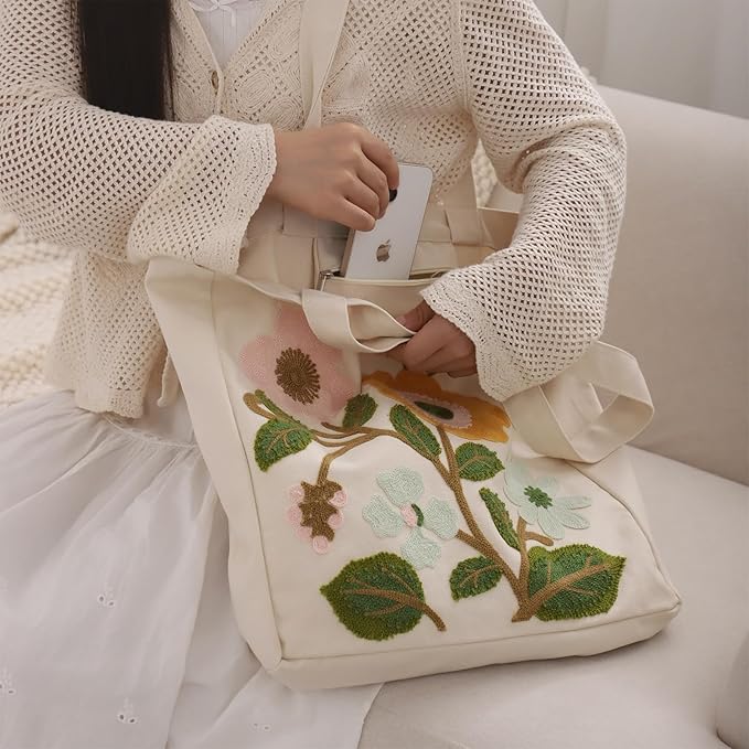 Aesthetic Embroidery Tote Bag for Lady Cute Reusable Canvas Shoulder Bag for Girls Women Shopping Grocery