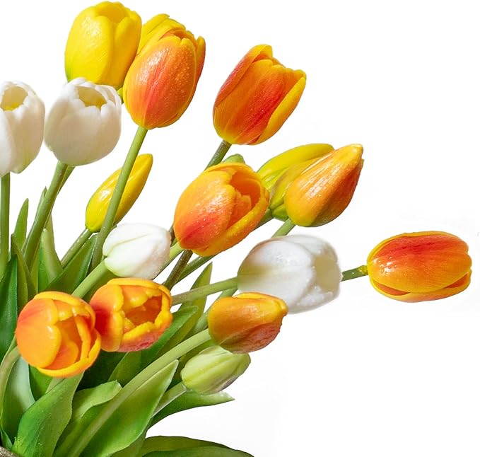 40pcs Artificial Tulips Flowers, Real Touch Latex Bouquet, Fake Tulips for Office Wedding Party Home Kitchen Garden Decoration-B Orange Suit