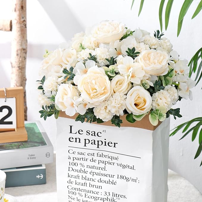 4 Bundles White Peonies Artificial Flowers Silk Flower Centerpieces for Tables Fake Flower Arrangements Bouquets Mixed Roses Hydrangea with Stems for Wedding Bridal Bouquets Home Table Decor