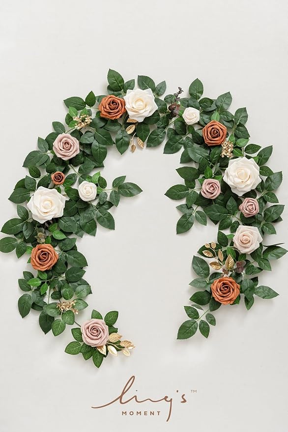 Ling's moment 5FT Terracotta Artificial Flower Garland Rust Rose Leaves Floral Garland Ivory Orange Arch Flowers Vine for Wedding Party Backdrop Decor Mantel Home Table Centerpieces Wall Decorations
