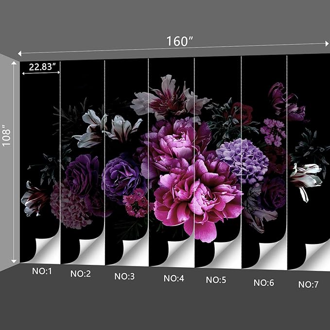 Black Peony Floral Wallpaper Bedroom Purple Botanical Flowers Leaf murals Living Room tv Background Large Wall Mural Aesthetic Room Decor - 160"x108" Not Peel and Stick