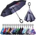 Inverted Umbrella, 49 Inch Double-Layer Vented Reverse Umbrella, Windproof Waterproof UV Protection, Lightweight C-Handle, Fiberglass Ribs, Steel Shaft, Travel/Commute/Car Use, With Sleeve