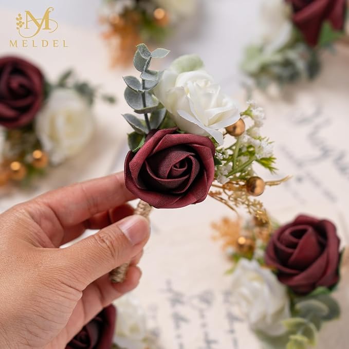 Meldel Boutonniere for Men Wedding,Set of 6,Groom and Groomsman Boutonniere for Wedding,Greenery Rose Corsage for Men Ceremony Anniversary Party Prom Homecoming,Burgundy White
