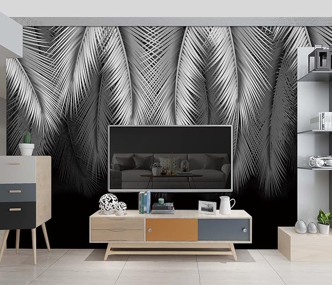 grey tropical botanical leaf wallpaper bedroom palm leave plant murals office modern black and white trendy room decor living room tv background large wall mural - 160"x108"Not Peel and Stick