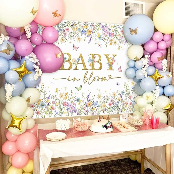 Sensfun Baby in Bloom Backdrop Wildflower Baby Shower Decorations Baby Girl's Watercolor Blossom Floral Butterfly Garden Baby Shower Photography Background Cake Table Banner Party Supplies 5x3ft