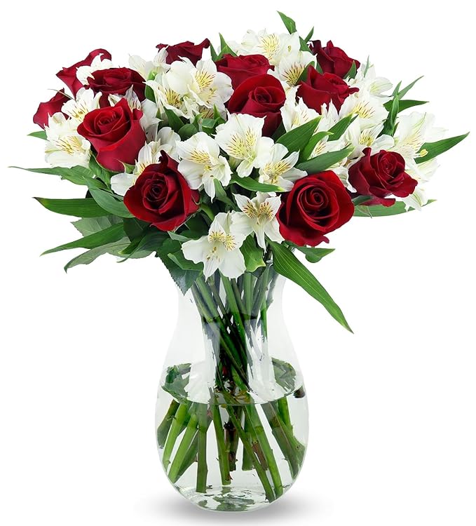 Benchmark Bouquets - Classic Roses & Alstroemeria (Glass Vase Included) - Fresh Flowers for Delivery - Gift for Graduation, Birthday, Anniversary, Sympathy, Get Well, Congratulations