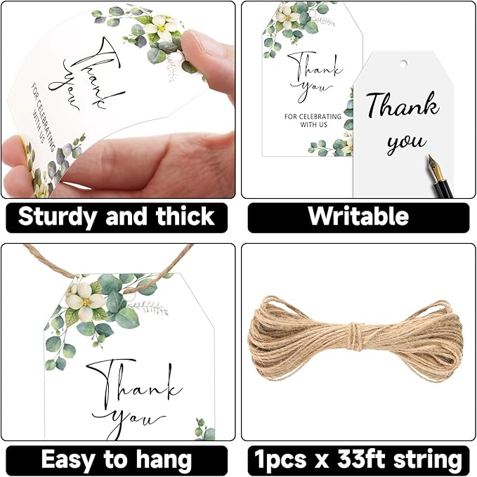 G2PLUS 50PCS Thank You Gift Tags with String, 3.3X2.2In Greenery Floral Leaves Paper Tags for Wedding Favors, Baby Shower, Bridal Shower, Party Decorations
