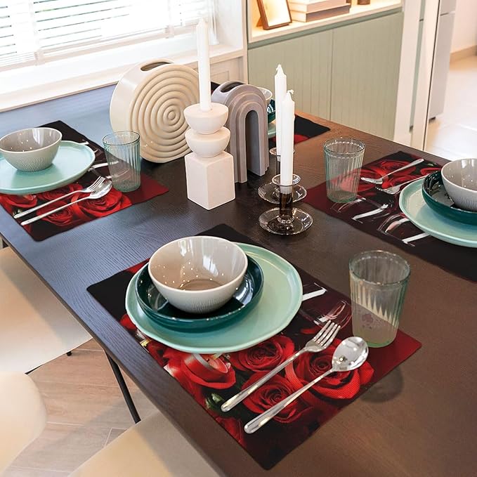 Red Rose Wine Linen Table Placemats Set of 4 Retro Romantic Placemat Indoor Outdoor Party Home Desktop Kitchen Dining Room Decoration 12x18 Inch