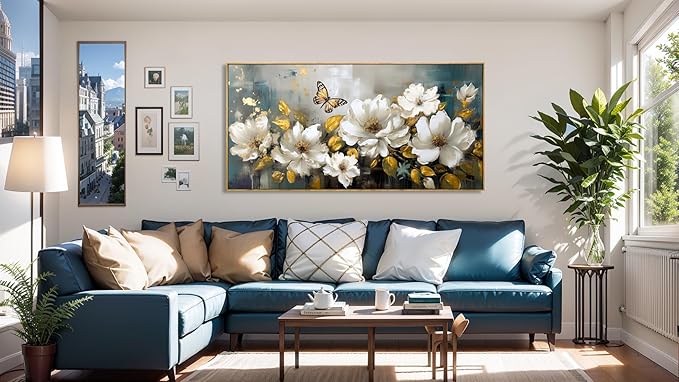 Wall Art Modern Flower Artwork Paintings White Blossom Gold Leaf Butterfly Landscape Picture wall Decor for Living Room Bedroom Kitchen 20"x40" with Framed